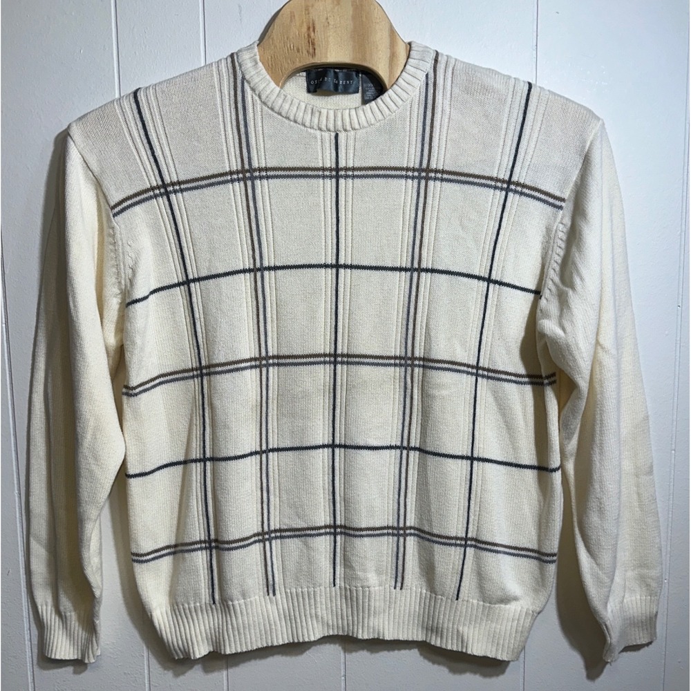 Oscar de la Renta Mens XXL Cream Windowpane Plaid Cotton Crew Neck Sweater